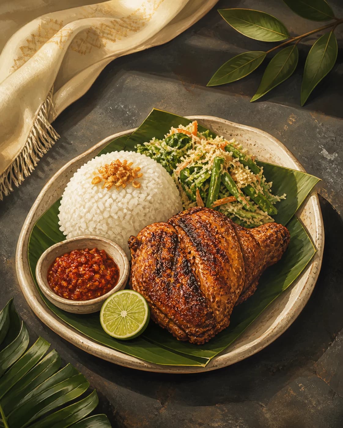 Ilustrasi menu ayam bakar rempah dengan nasi, urap, dan sambal
